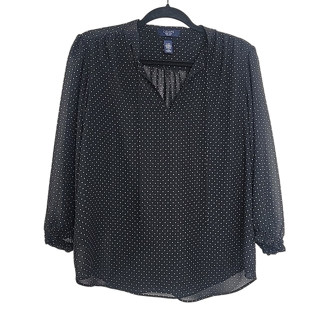 Chaps Womens Petite L Black Sheer Polka Dot Blouse 3/4 Sleeve Career Layering